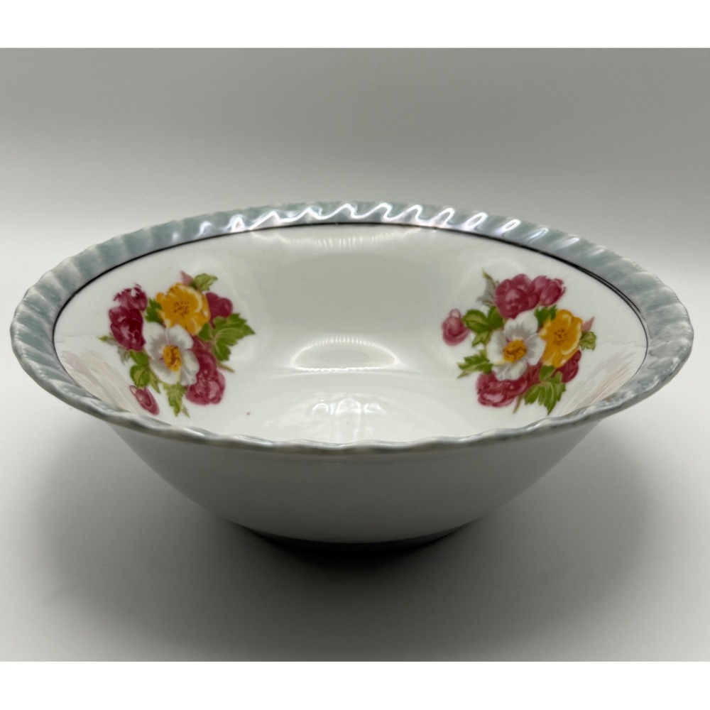 Vintage Japan‎ Porcelain Floral Bowl Scalloped Blue Luster Rim Mid-Century China